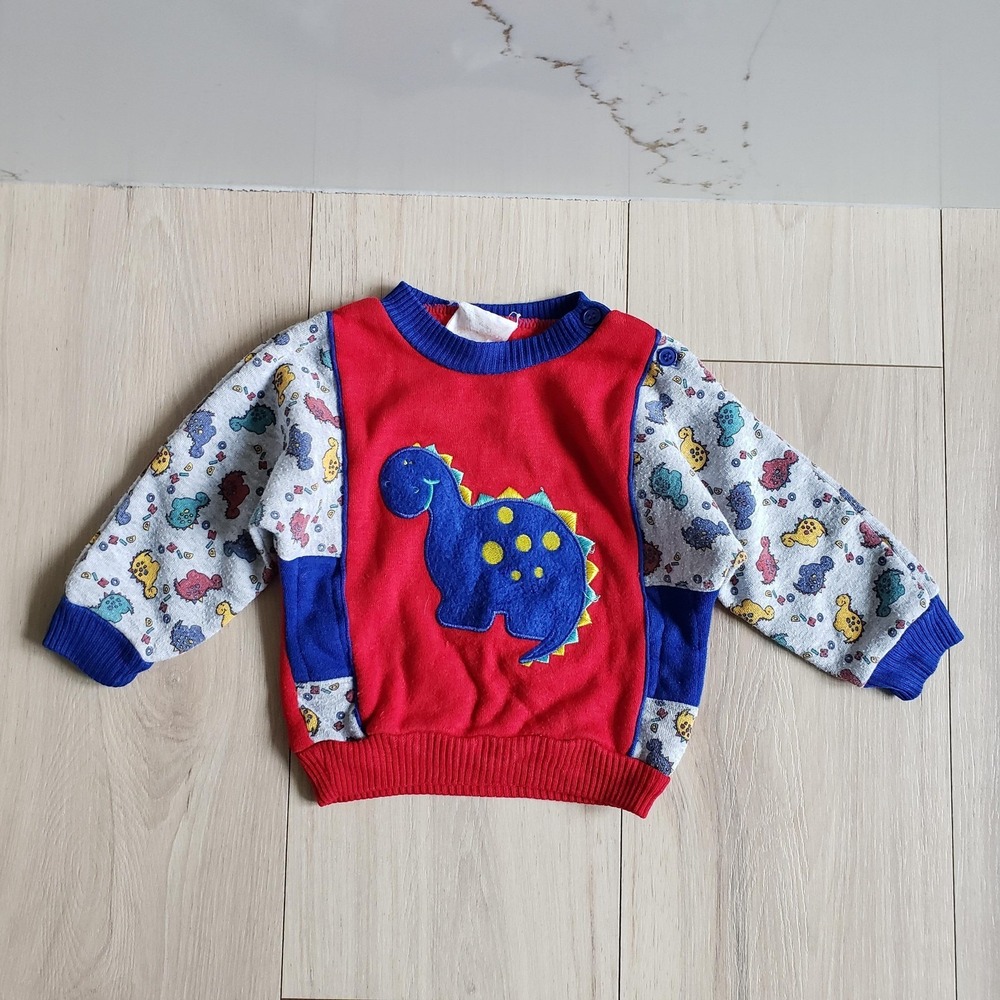Vintage 90s Sweatshirt Baby 12 Mths Red Fleece Dinosaur Graphic Crewneck Sweater